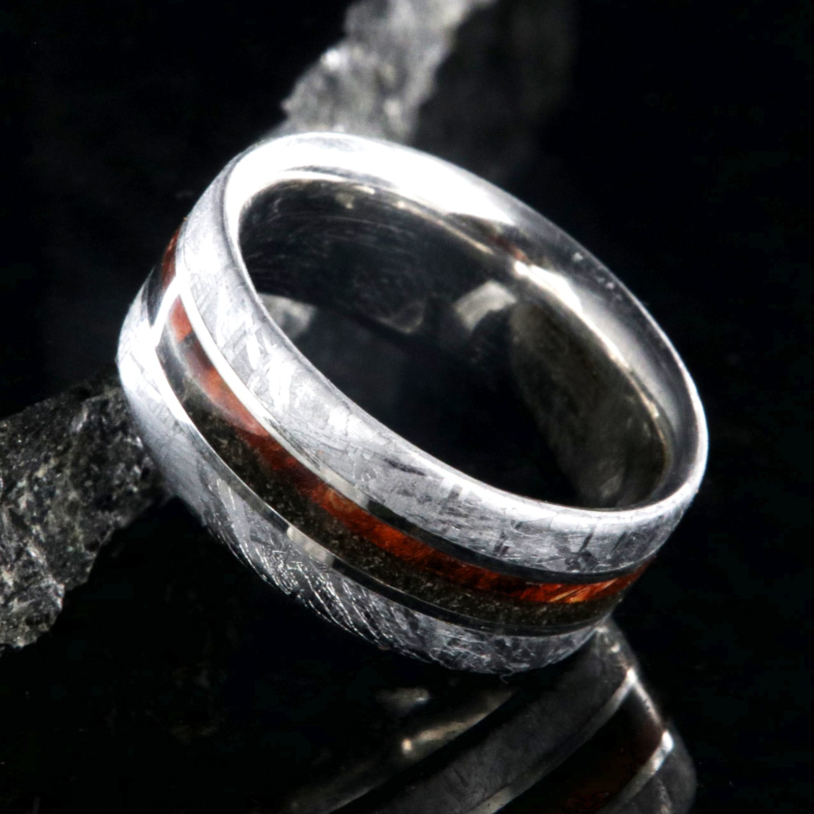 8mm wide flat profile meteorite ring with dinosaur bone and red box elder wood burl