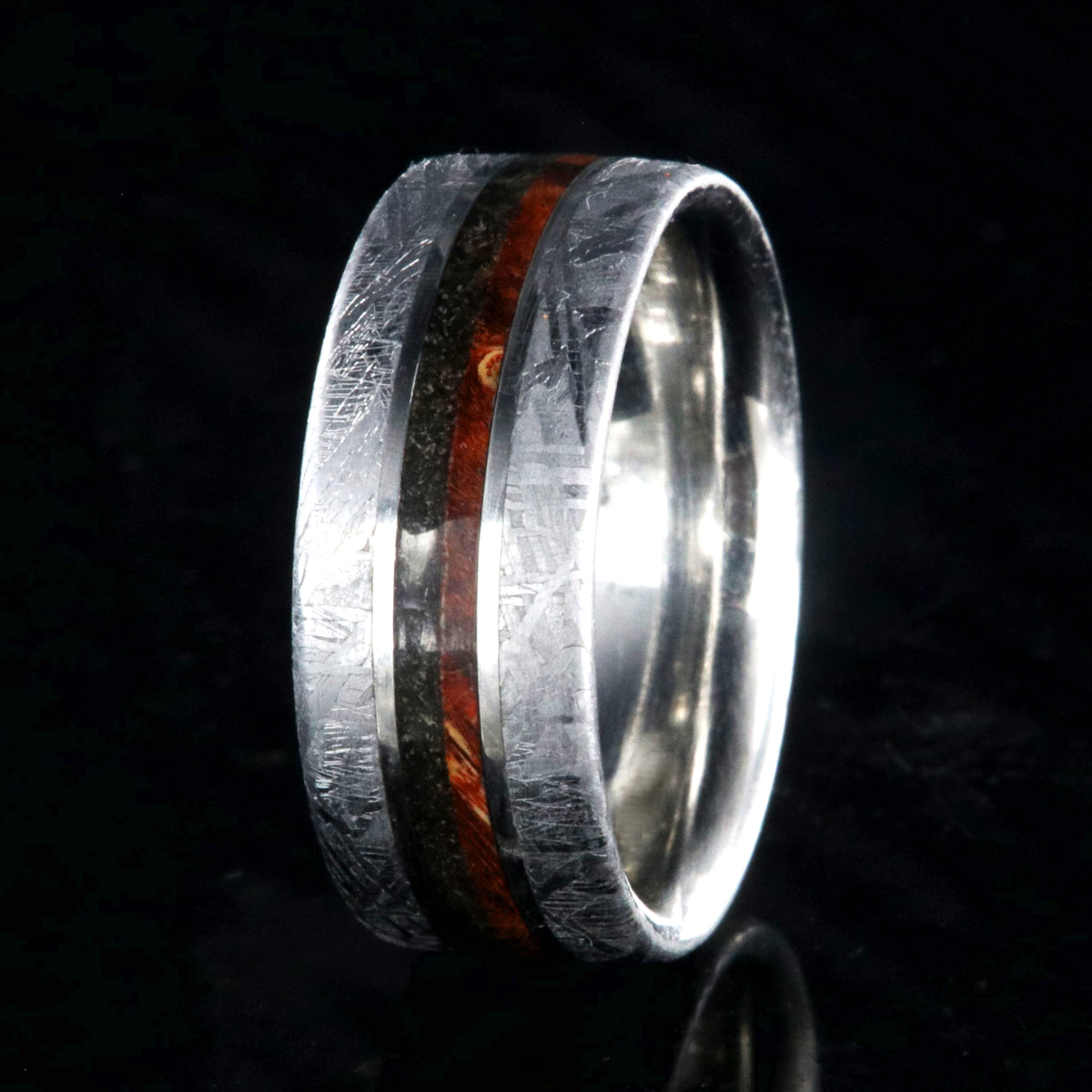 8mm wide flat profile meteorite ring with dinosaur bone and red box elder wood burl