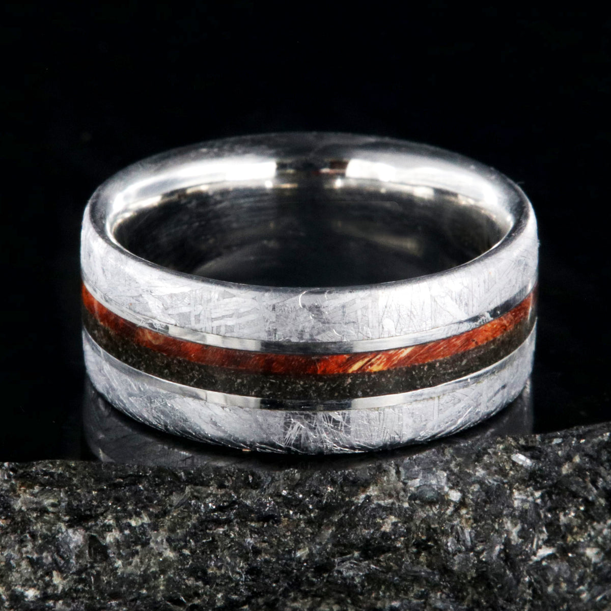 8mm wide flat profile meteorite ring with dinosaur bone and red box elder wood burl