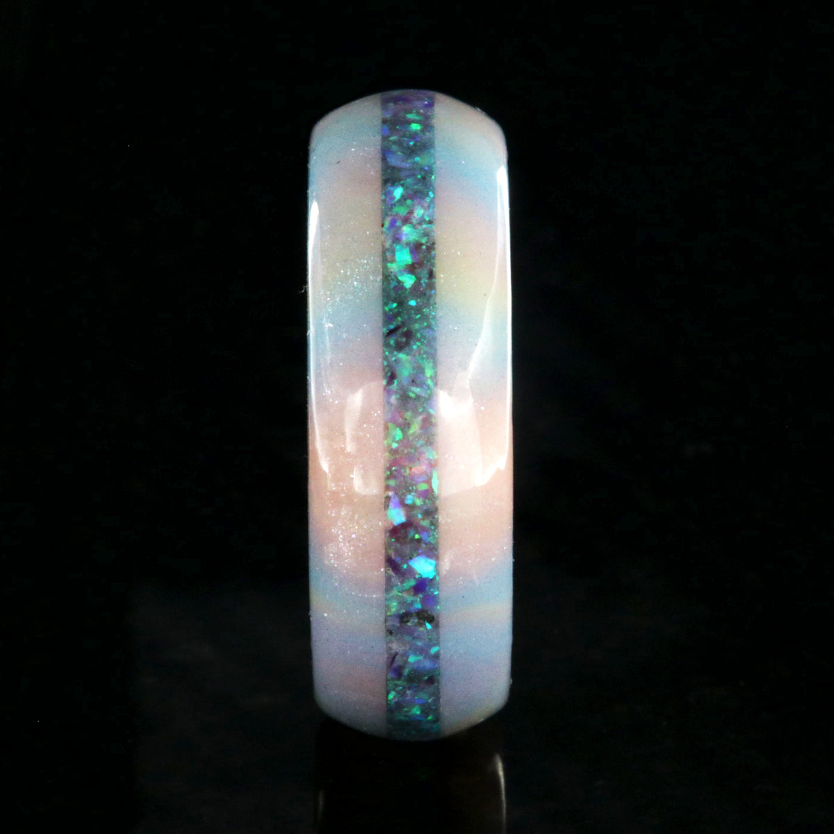 8mm wide promise ring with glittering rainbow edges and a crushed opal inlay