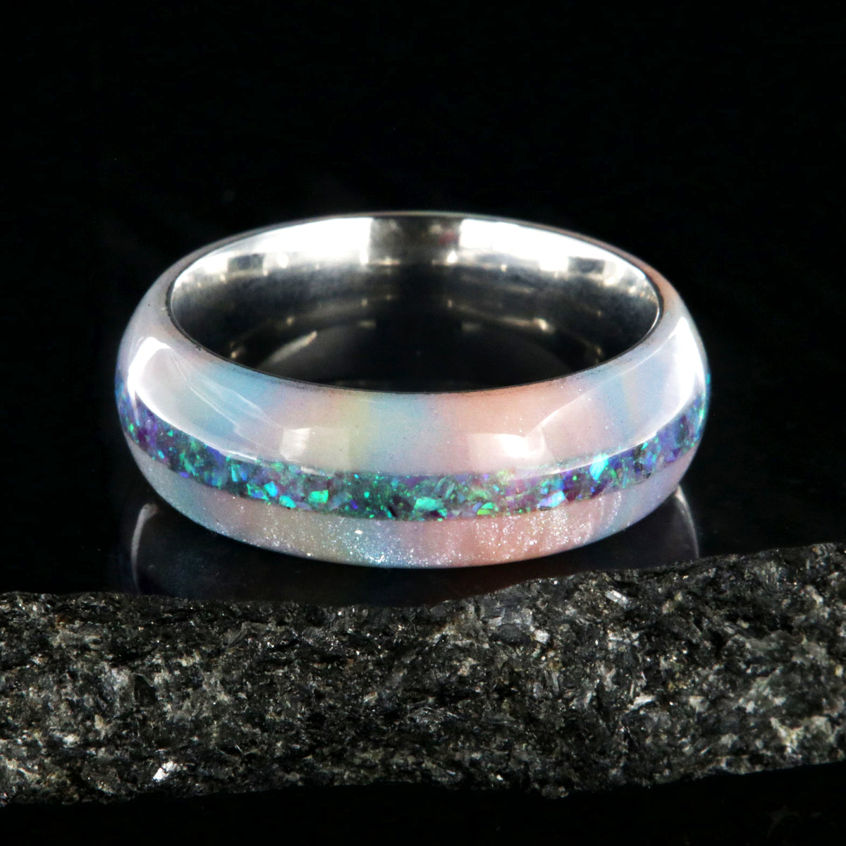 8mm wide promise ring with glittering rainbow edges and a crushed opal inlay