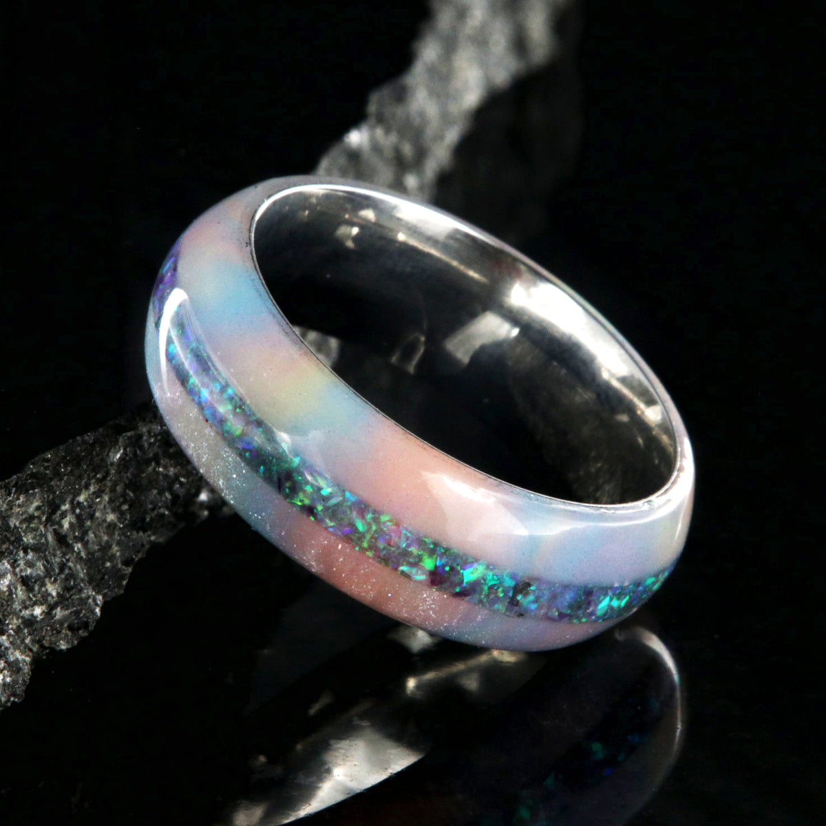 8mm wide promise ring with glittering rainbow edges and a crushed opal inlay