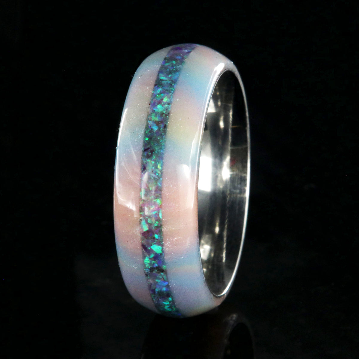 8mm wide promise ring with glittering rainbow edges and a crushed opal inlay