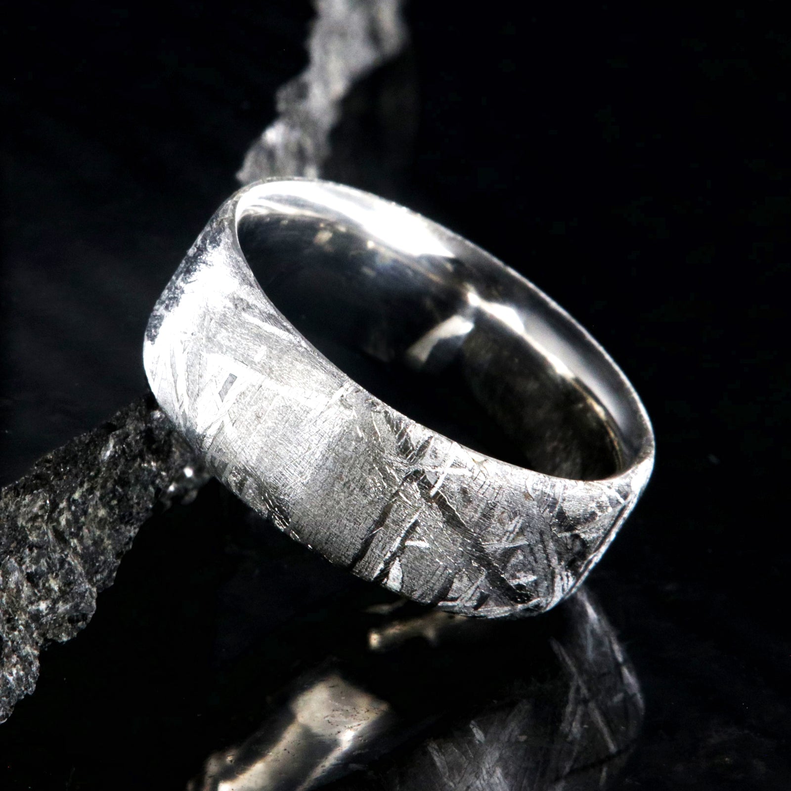 8mm wide men's cobalt wedding ring with Gibeon meteorite and flat profile