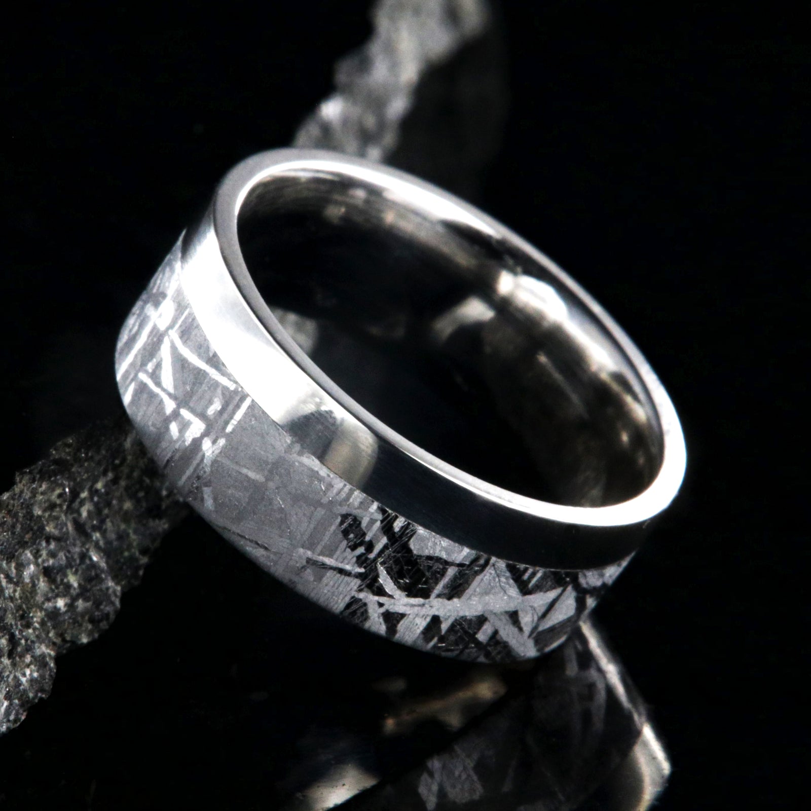 8mm wide men's wedding band with a narrow polished cobalt edge and large meteorite outside