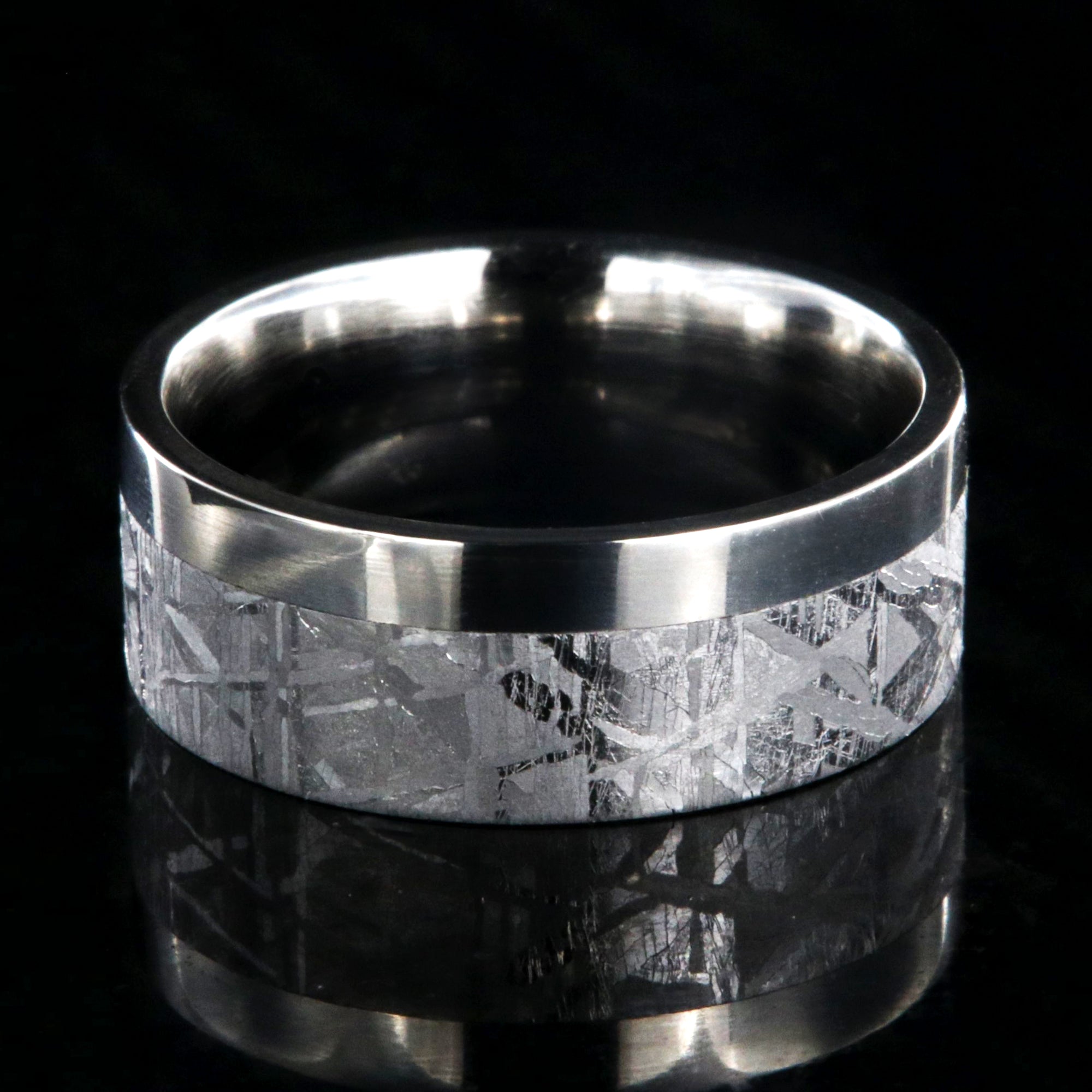 8mm wide men's wedding band with a narrow polished cobalt edge and large meteorite outside