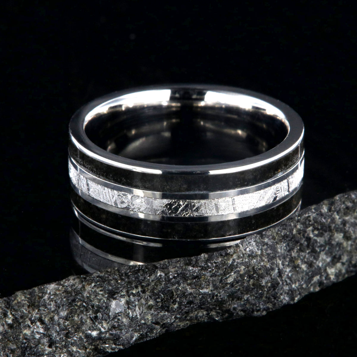 9mm wide men&#39;s wedding band with t-rex edges and meteorite center