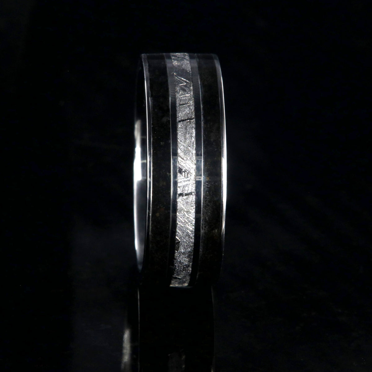 9mm wide men&#39;s wedding band with t-rex edges and meteorite center