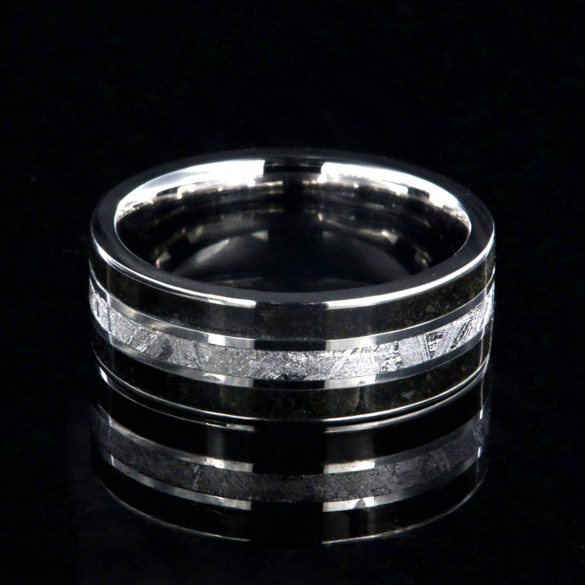 9mm wide men&#39;s wedding band with t-rex edges and meteorite center
