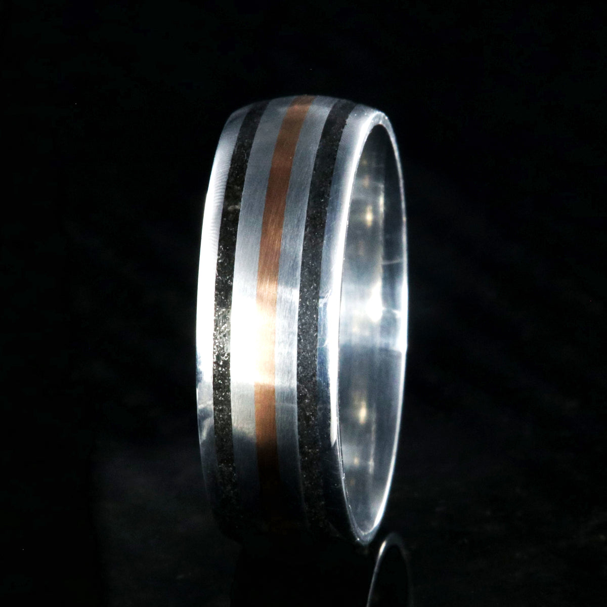 8mm wide cobalt wedding ring with dual stardust edge inlays and one center rose gold inlay