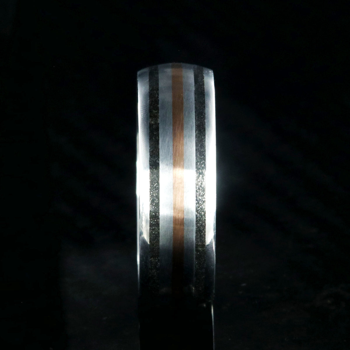 8mm wide cobalt wedding ring with dual stardust edge inlays and one center rose gold inlay