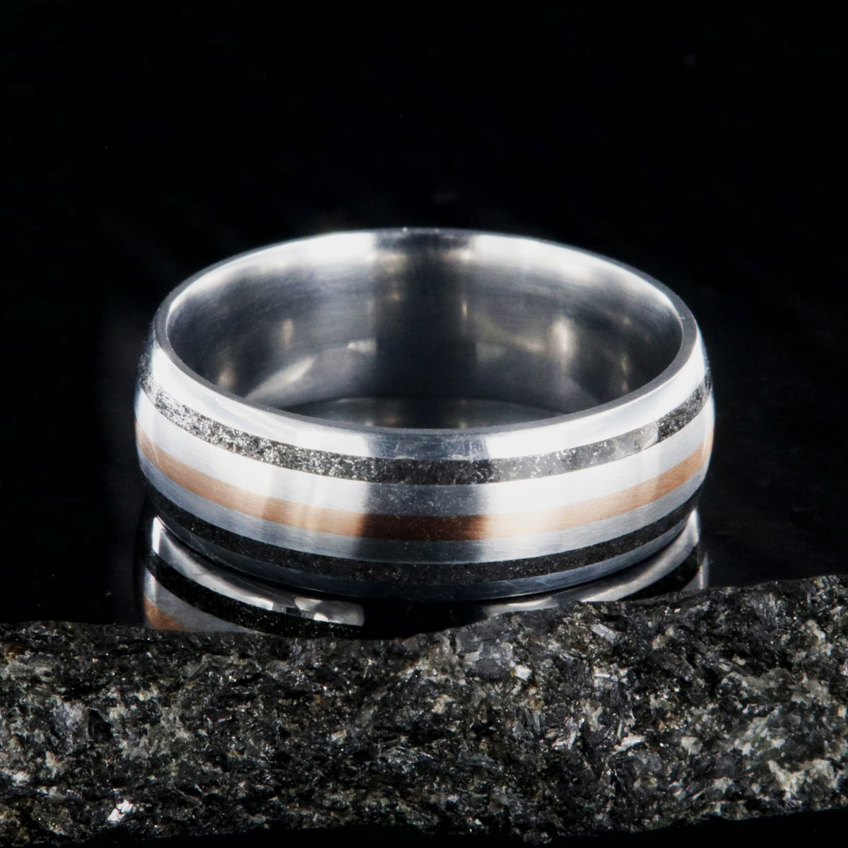 8mm wide cobalt wedding ring with dual stardust edge inlays and one center rose gold inlay