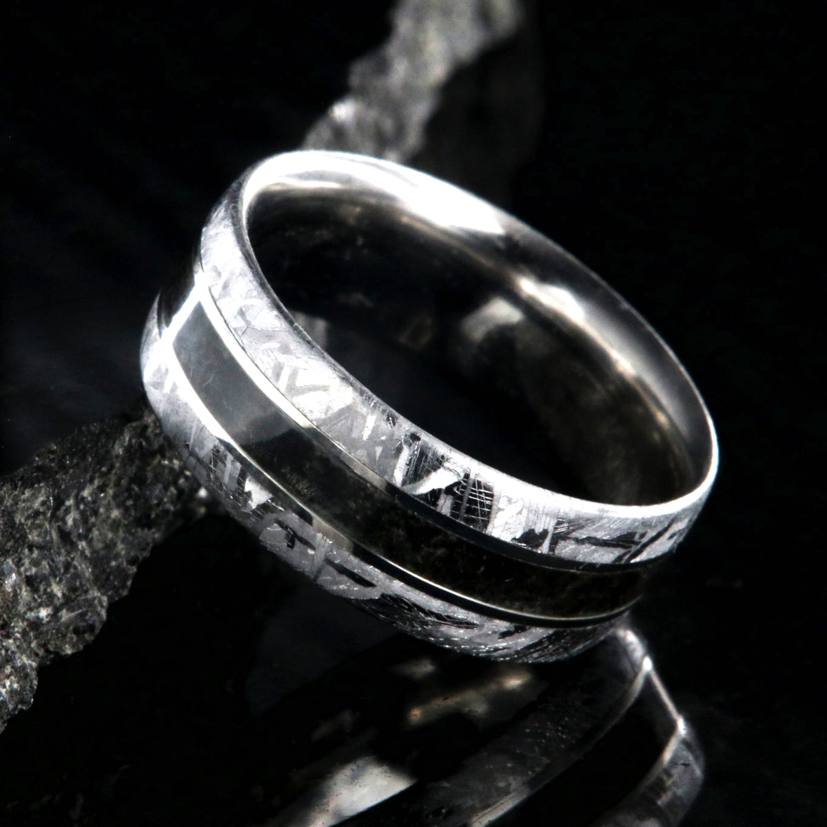 8mm wide cobalt ring with meteorite edges and dinosaur bone center inlay