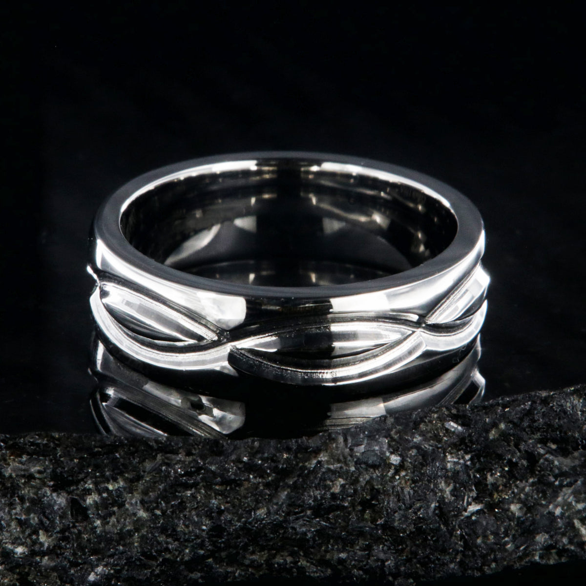 6mm wide cobalt wedding band with a milled infinity design