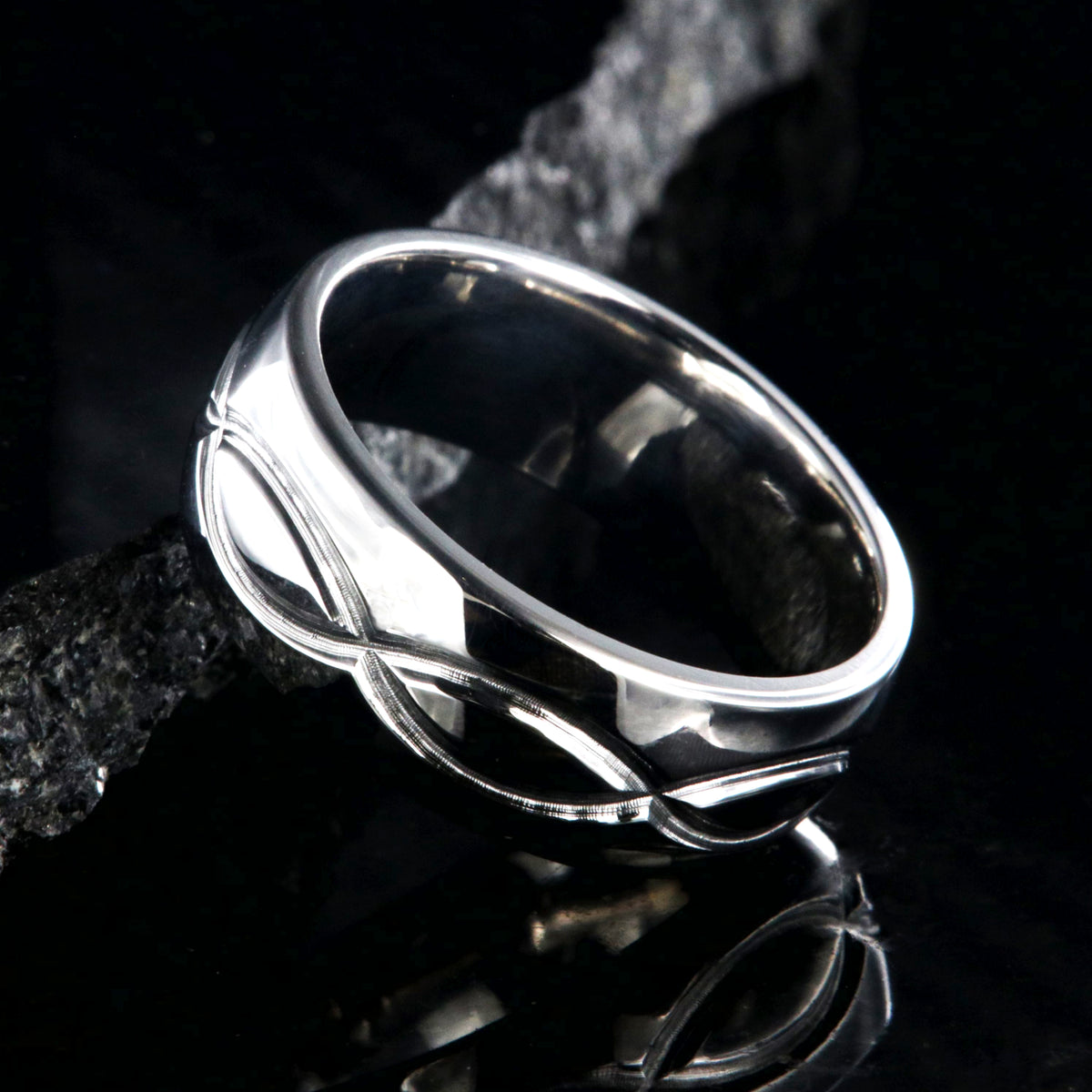 8mm wide cobalt wedding band with a milled infinity design