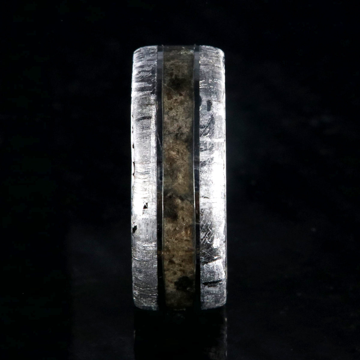 8mm wide cobalt wedding band for men with meteorite edges and dinosaur bone fossil center inlay