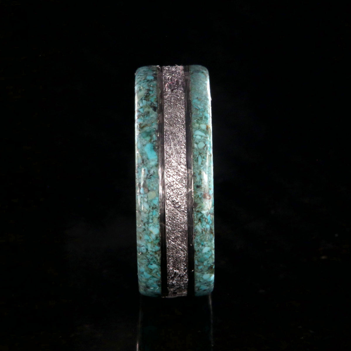 Mens wedding band with Gibeon meteorite center inlay with turquoise edges