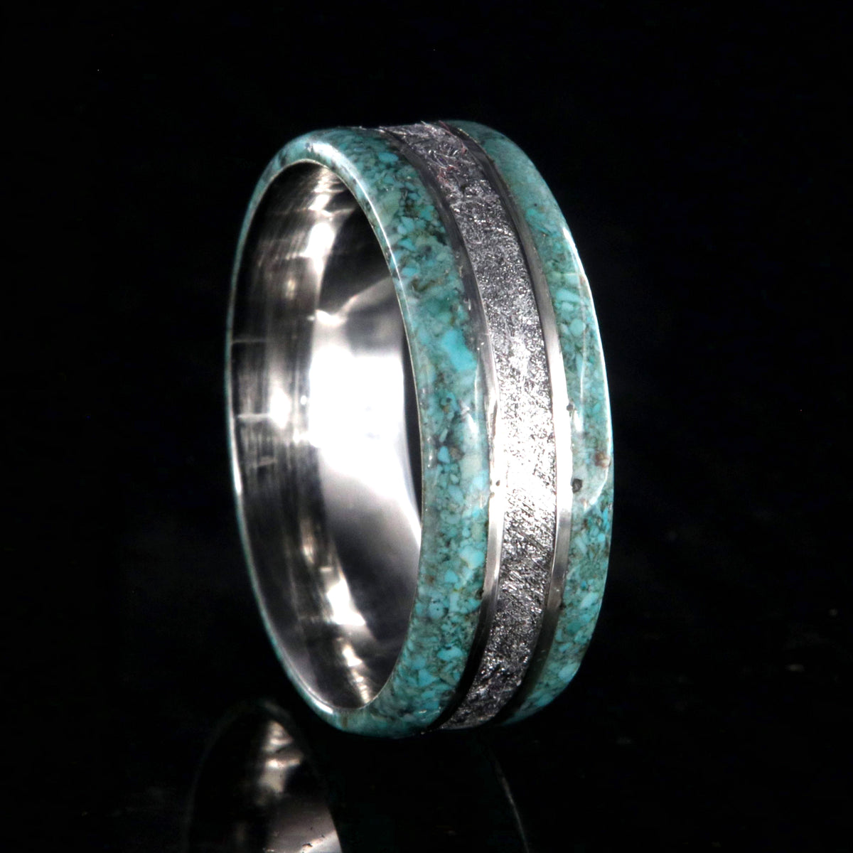 Mens wedding band with Gibeon meteorite center inlay with turquoise edges