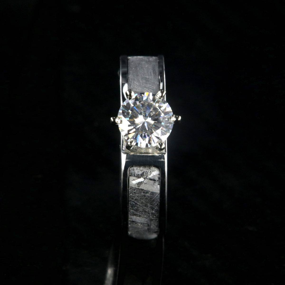 6mm wide Meteorite engagement ring with moissanite stone