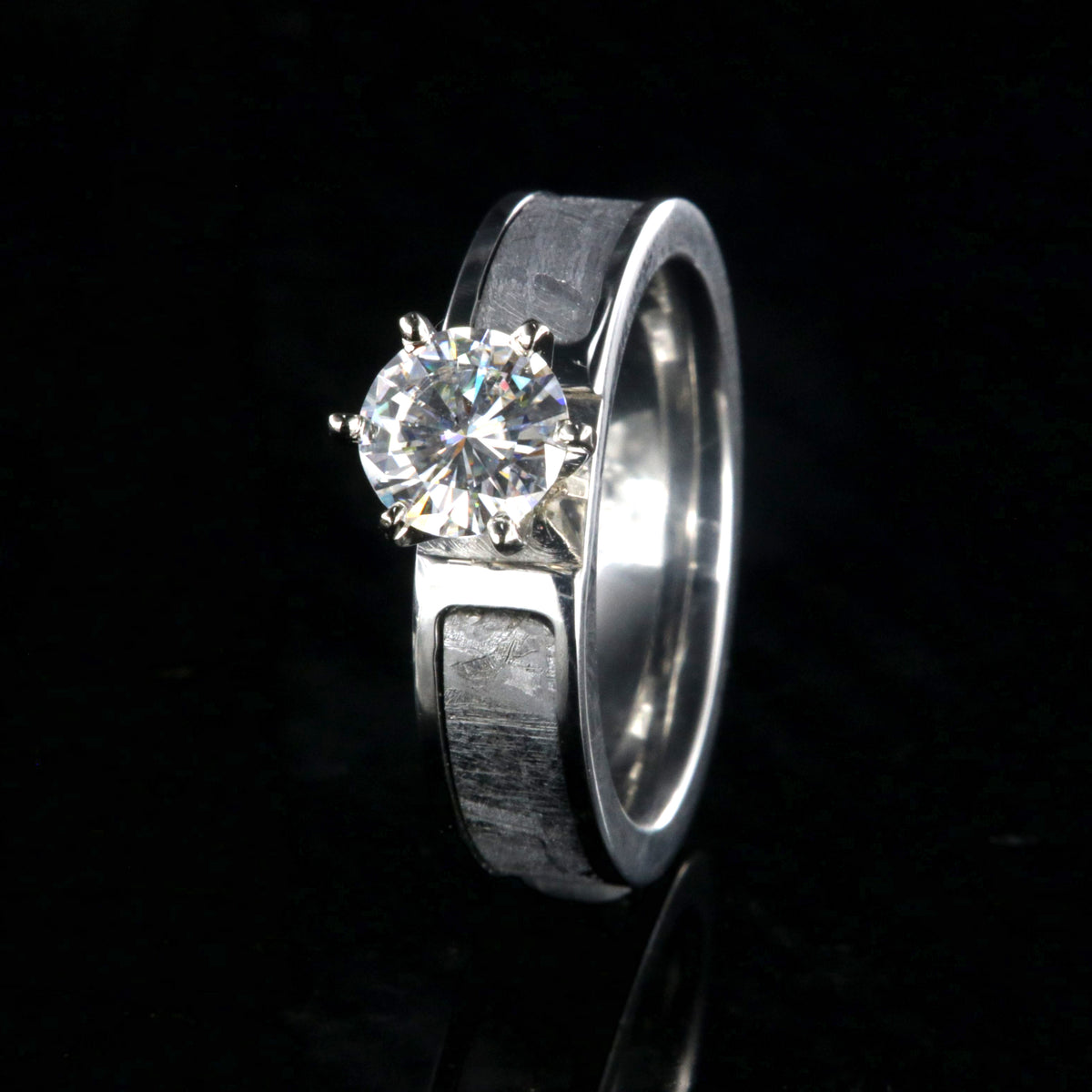 6mm wide Meteorite engagement ring with moissanite stone