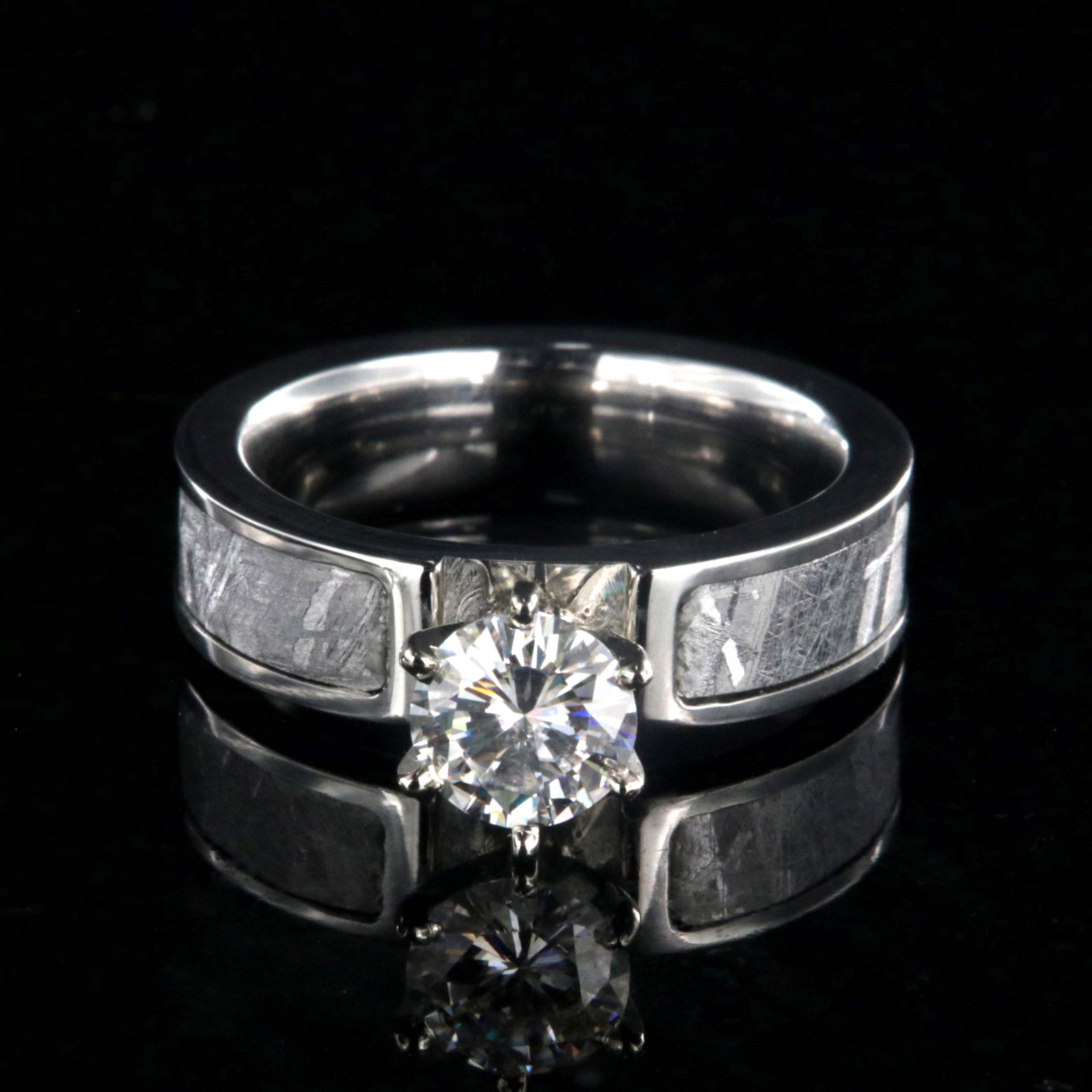 6mm wide Meteorite engagement ring with moissanite stone