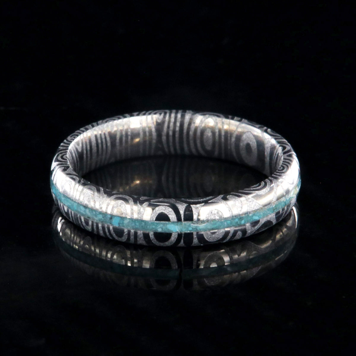 4mm wide Damascus steel ring with thin turquoise inlay