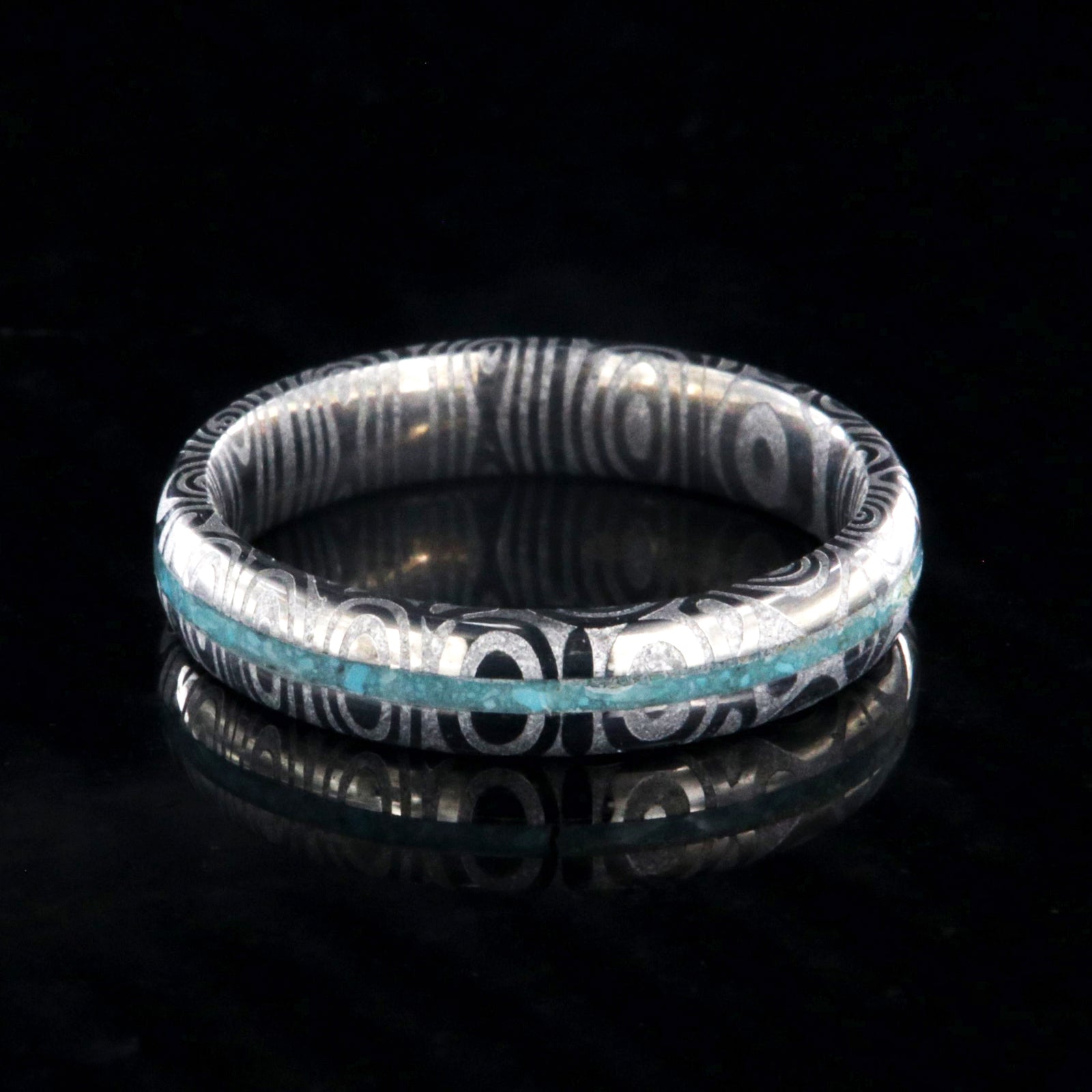 4mm wide Damascus steel ring with thin turquoise inlay