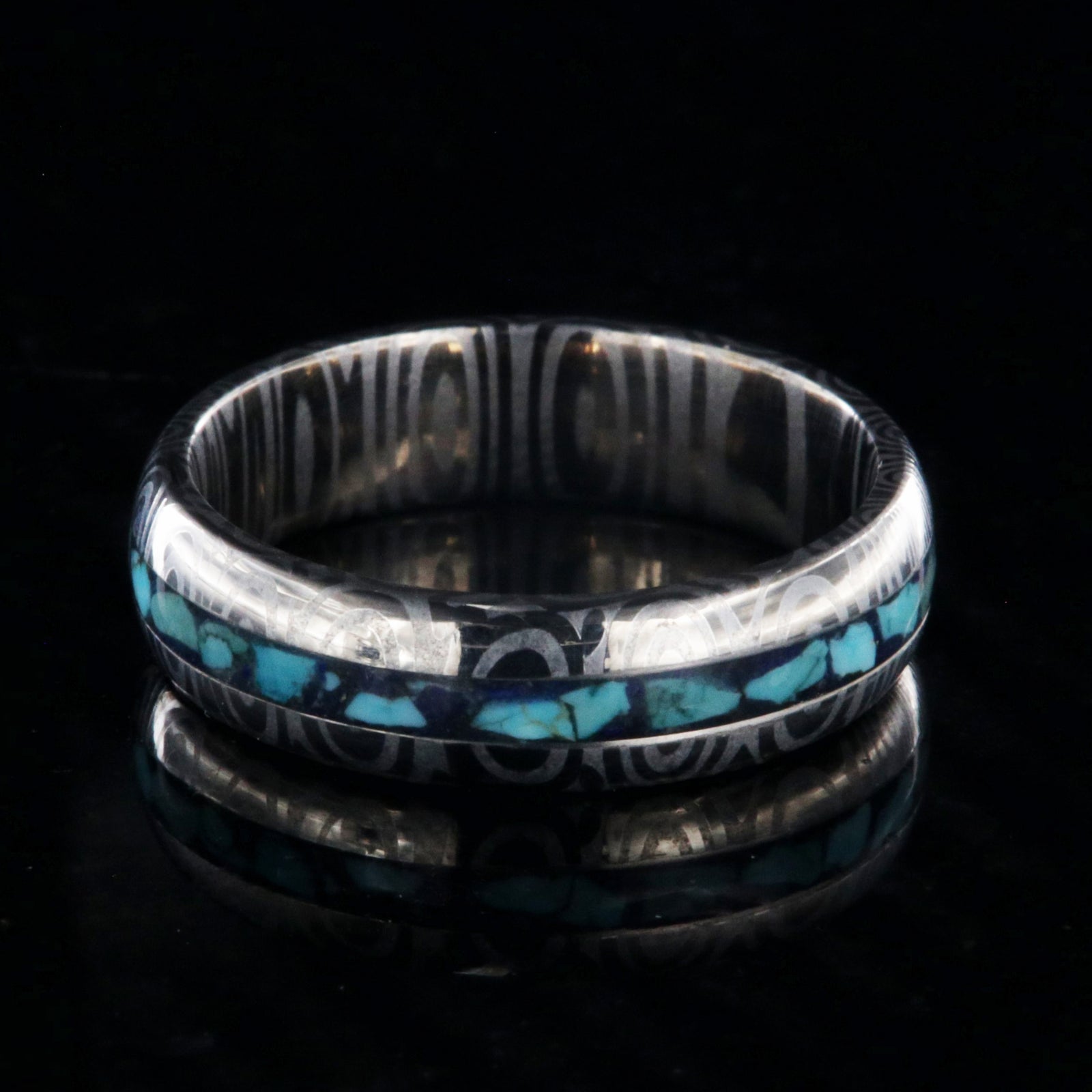 6mm wide Damascus steel ring with a 2mm wide centered turquoise and lapis inlay