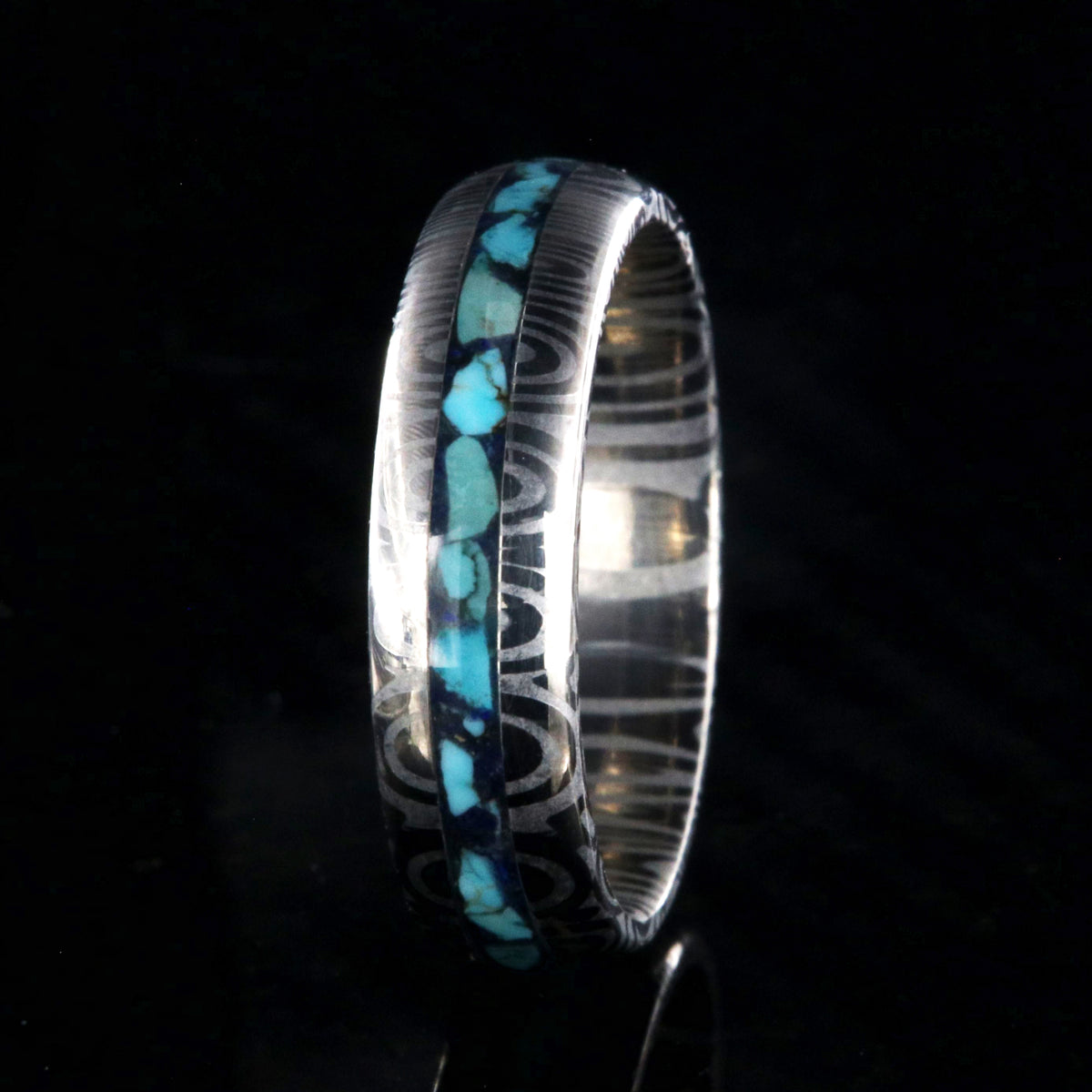 6mm wide Damascus steel ring with a 2mm wide centered turquoise and lapis inlay