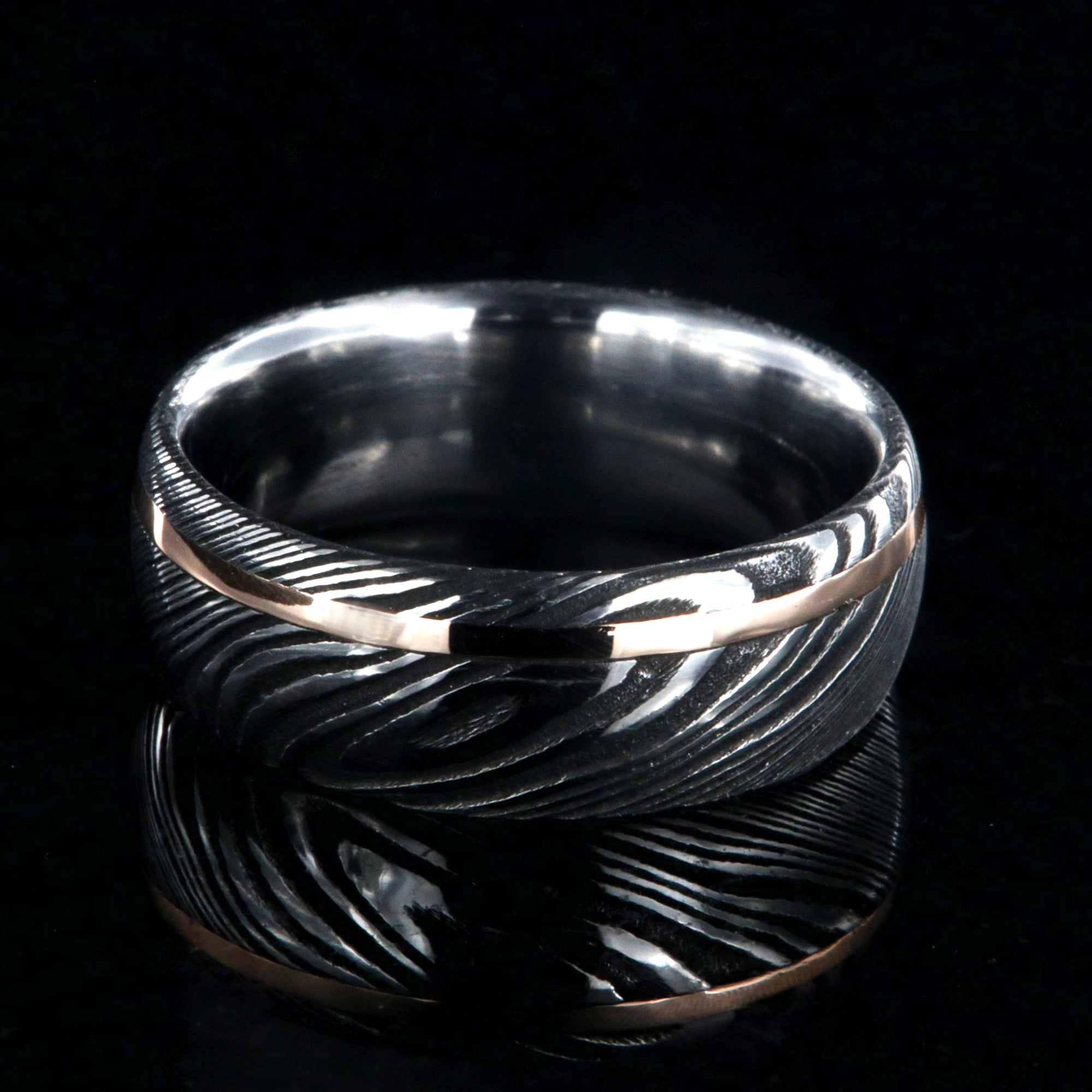 Damascus Steel Ring with 14K Yellow Gold Vertical Inlay and Black Diamond —  Unique Titanium Wedding Rings