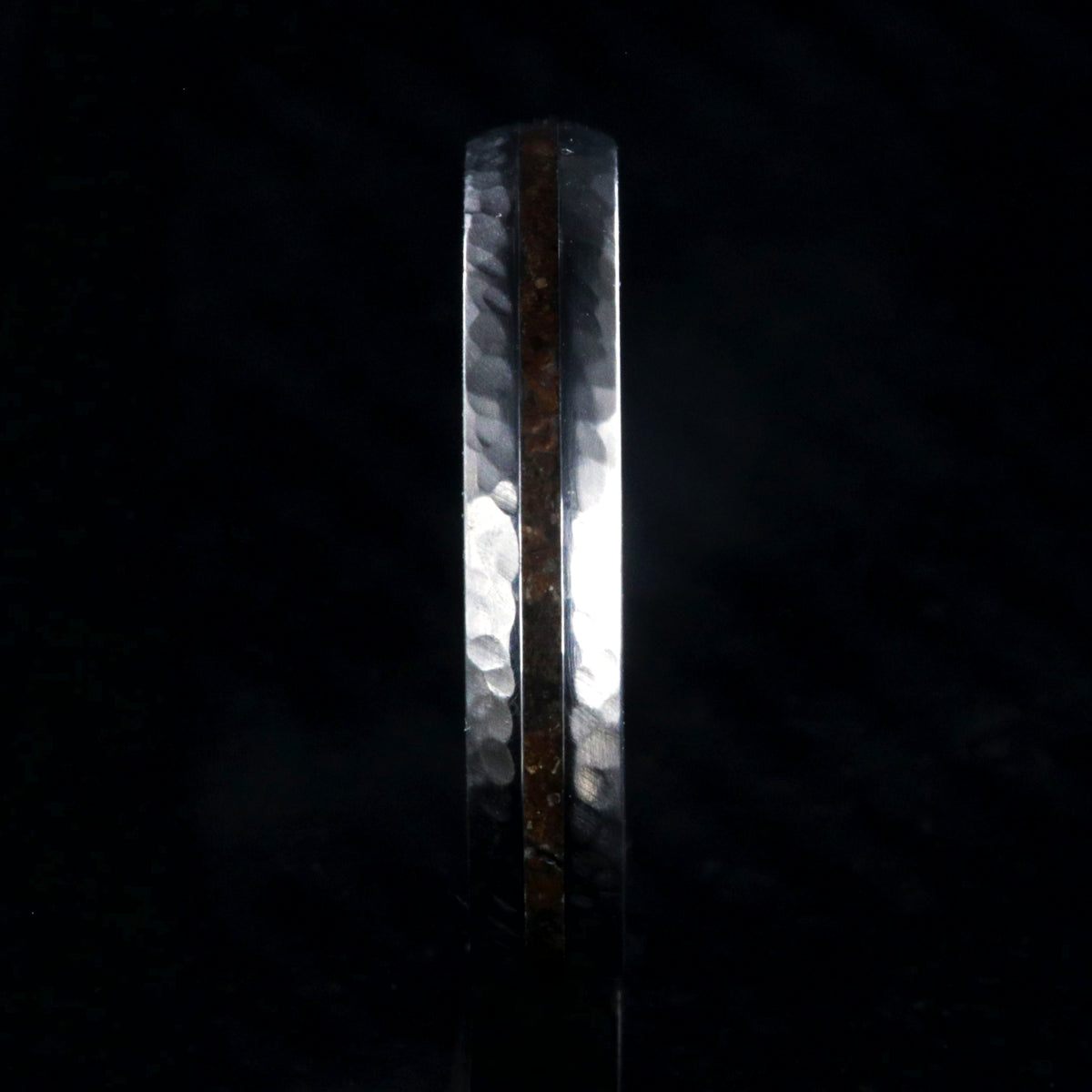 4mm wide titanium wedding band with hammered texture and a 1mm wide t-rex fossil inlay