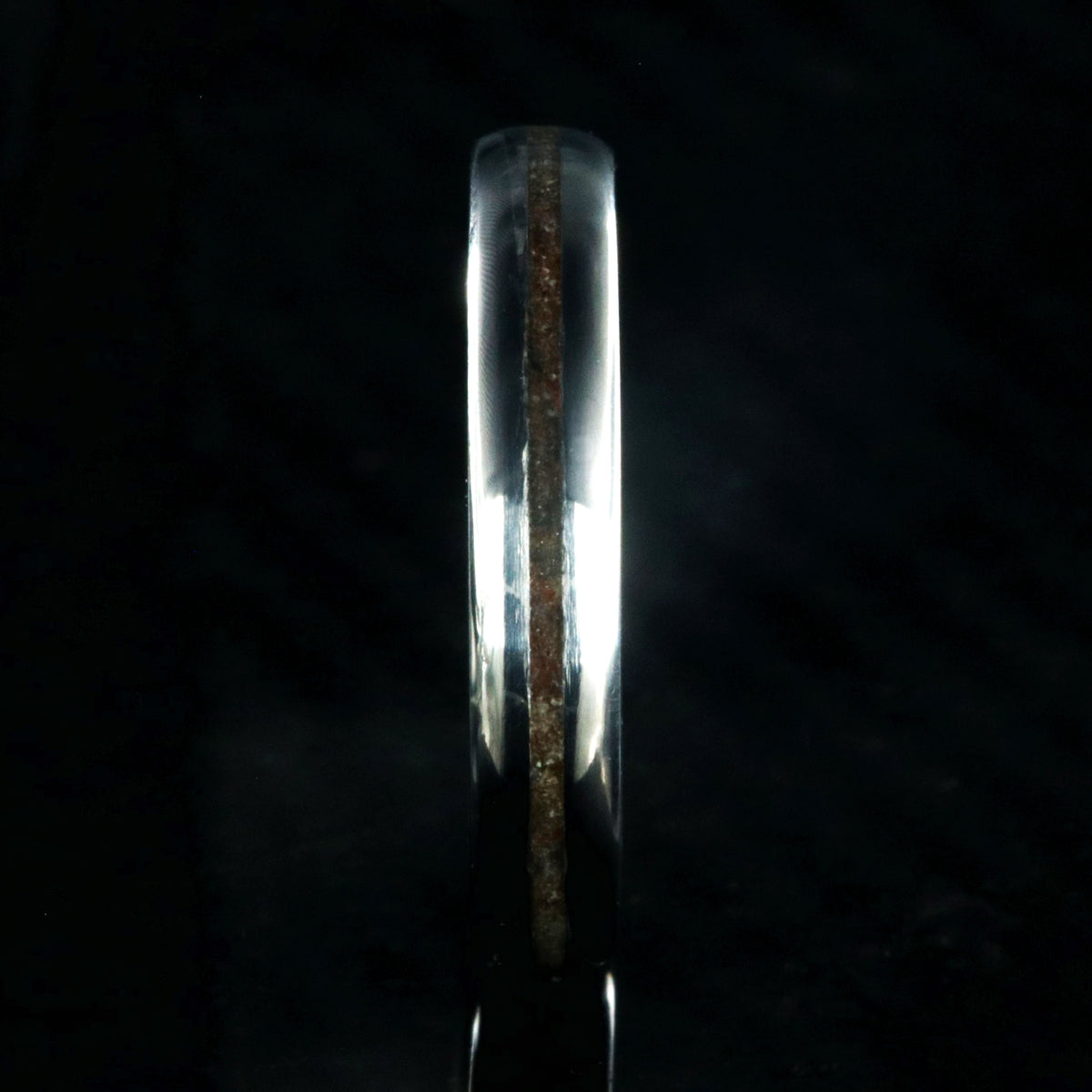 4mm wide titanium wedding band for women with a thin dinosaur bone inlay