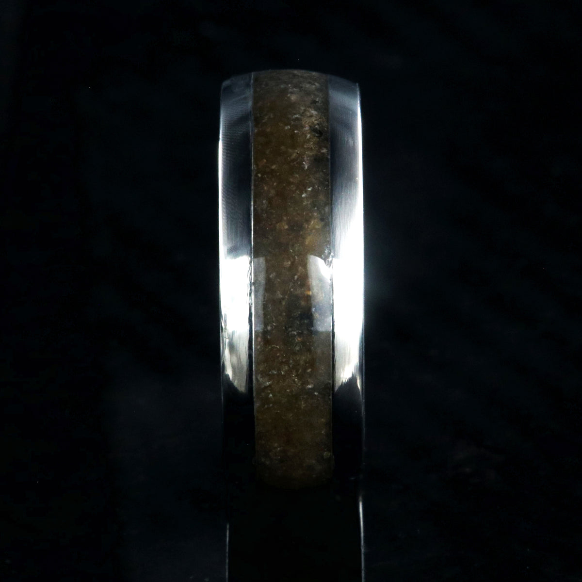 8mm wide titanium wedding band with 4mm wide dinosaur bone inlay