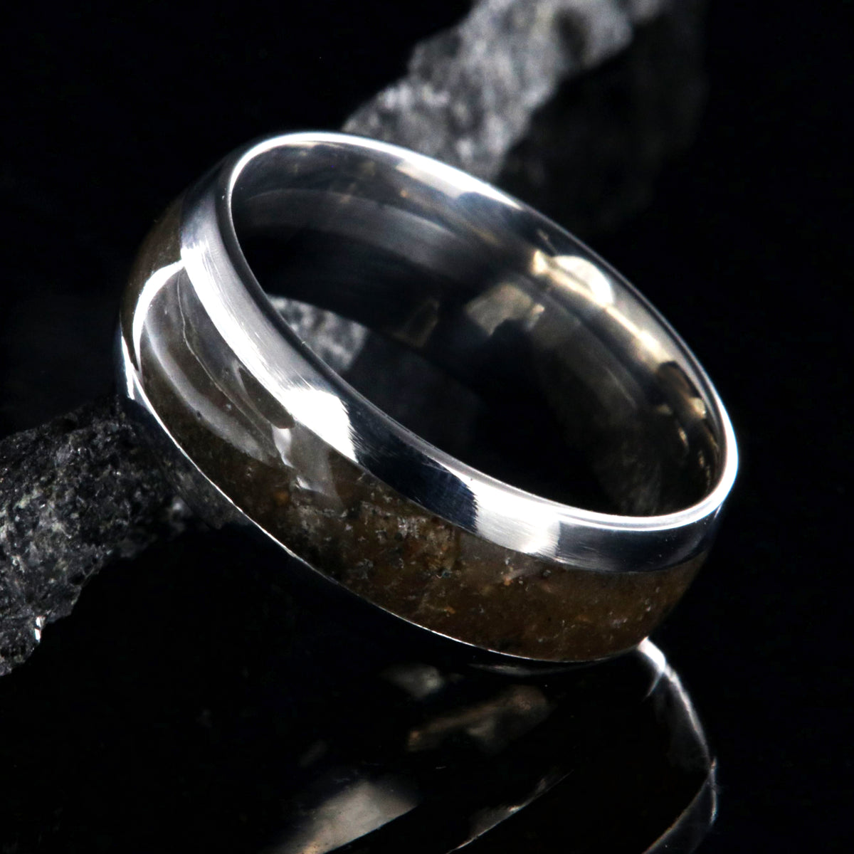 8mm wide titanium wedding band with 4mm wide dinosaur bone inlay