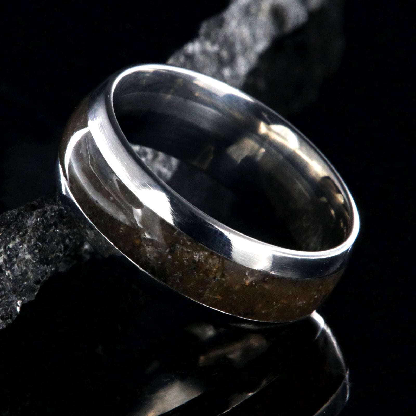 8mm wide titanium wedding band with 4mm wide dinosaur bone inlay