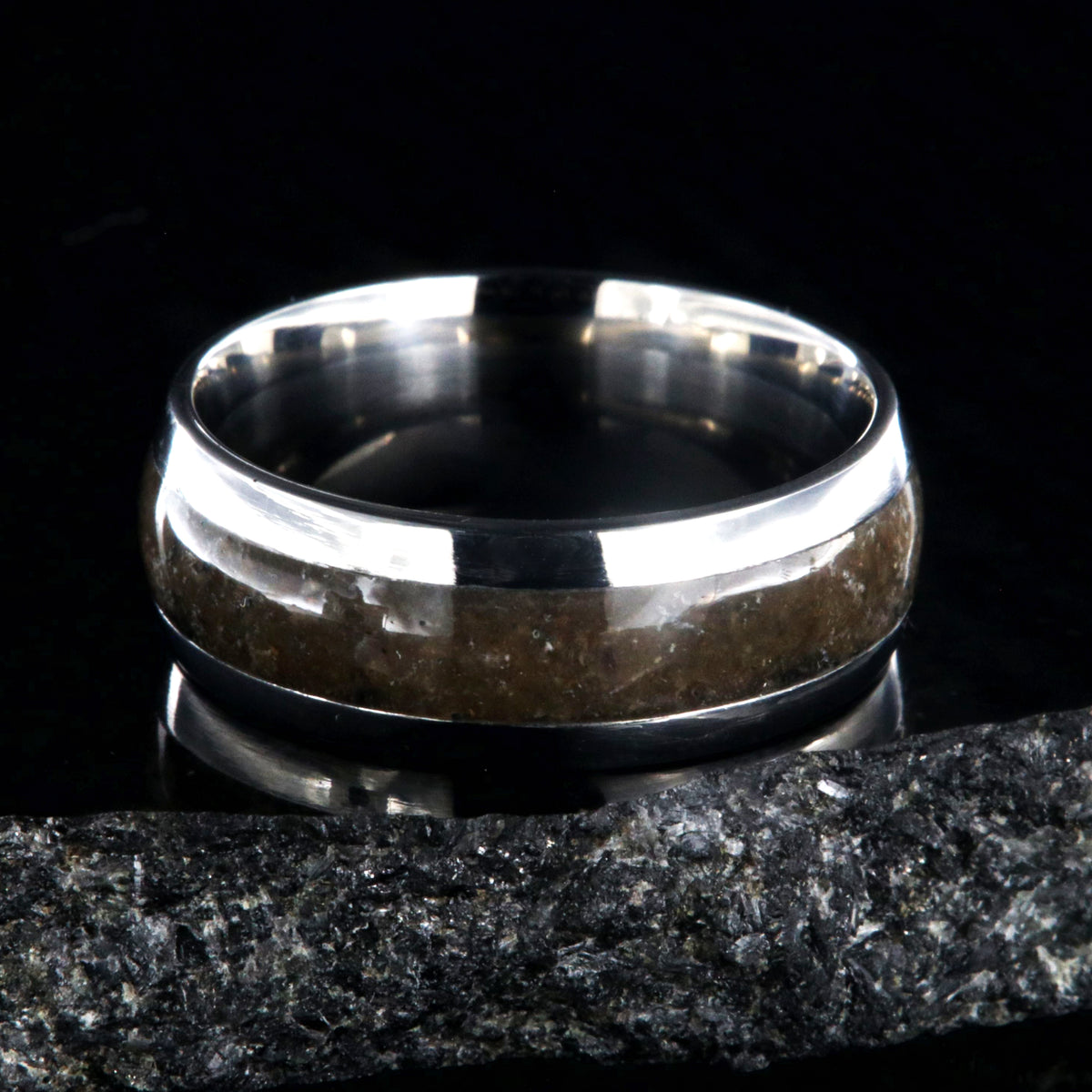 8mm wide titanium wedding band with 4mm wide dinosaur bone inlay