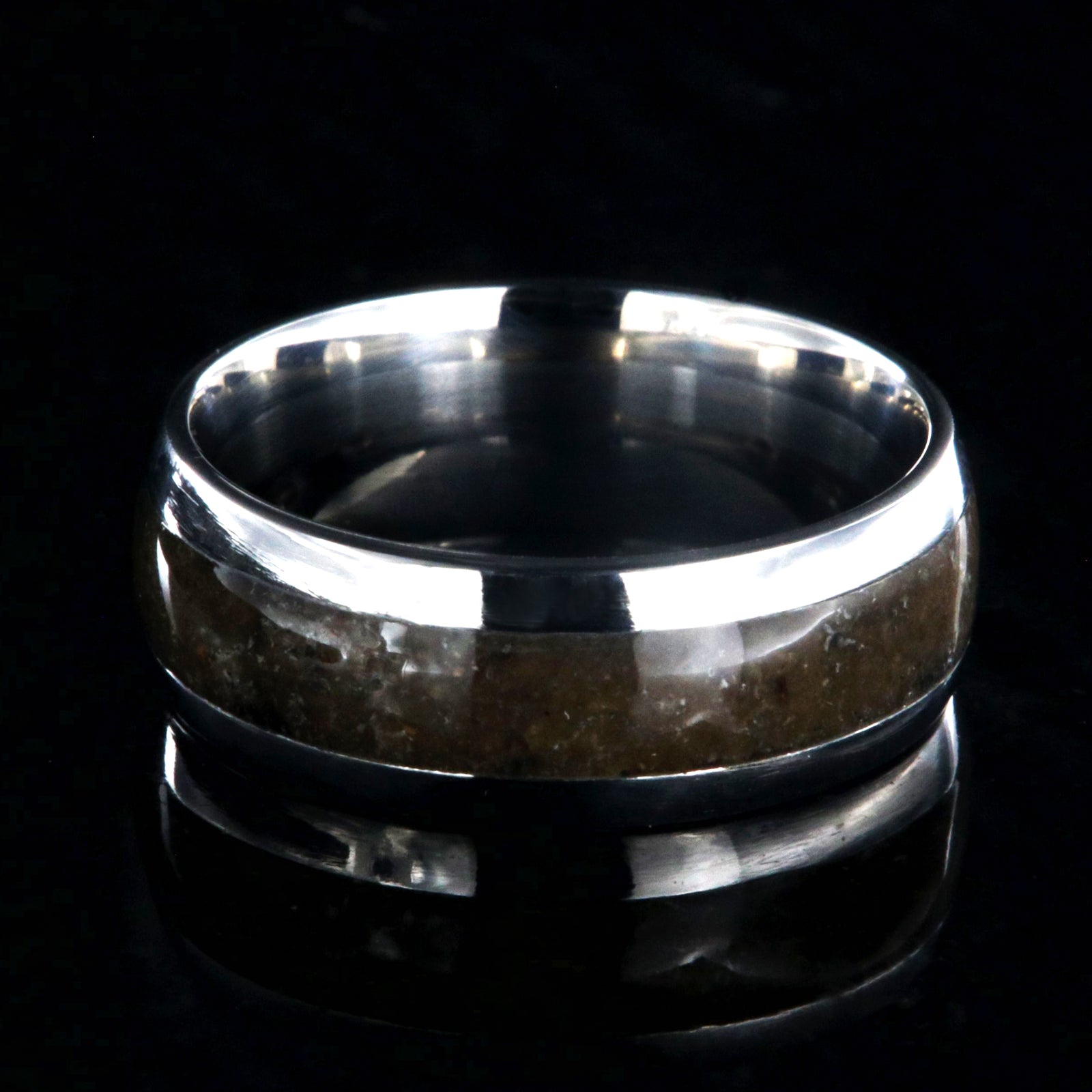 8mm wide titanium wedding band with 4mm wide dinosaur bone inlay