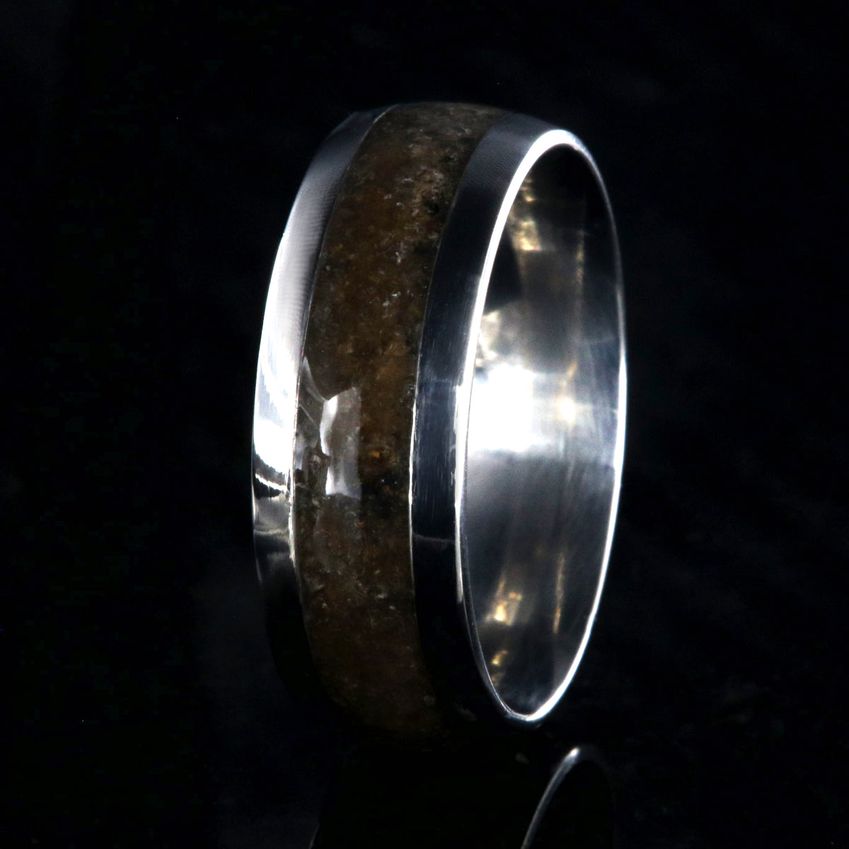 8mm wide titanium wedding band with 4mm wide dinosaur bone inlay