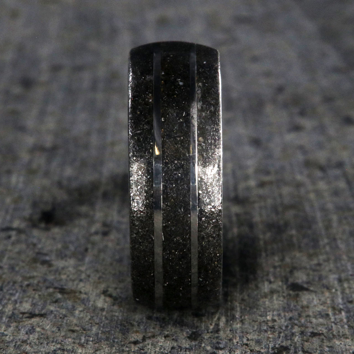 8mm wide stardust ring with two titanium inlayed lines and sleeve
