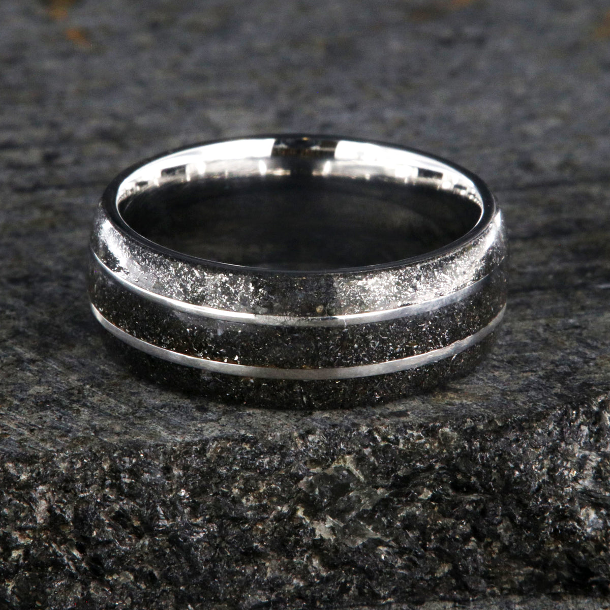 8mm wide stardust ring with two titanium inlayed lines and sleeve