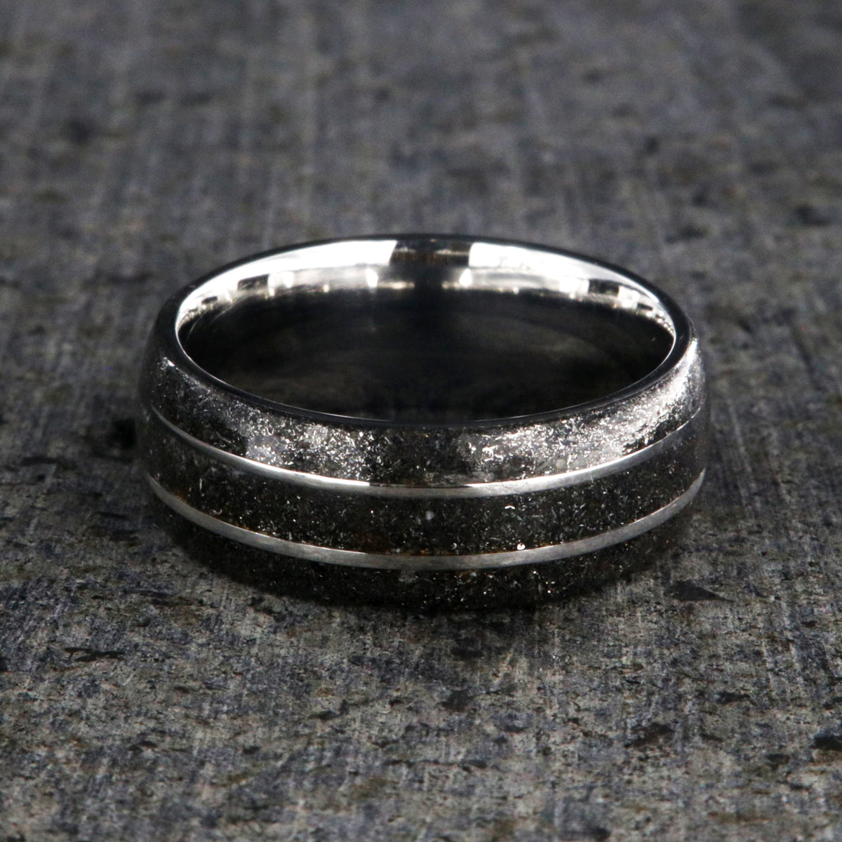 8mm wide stardust ring with two titanium inlayed lines and sleeve