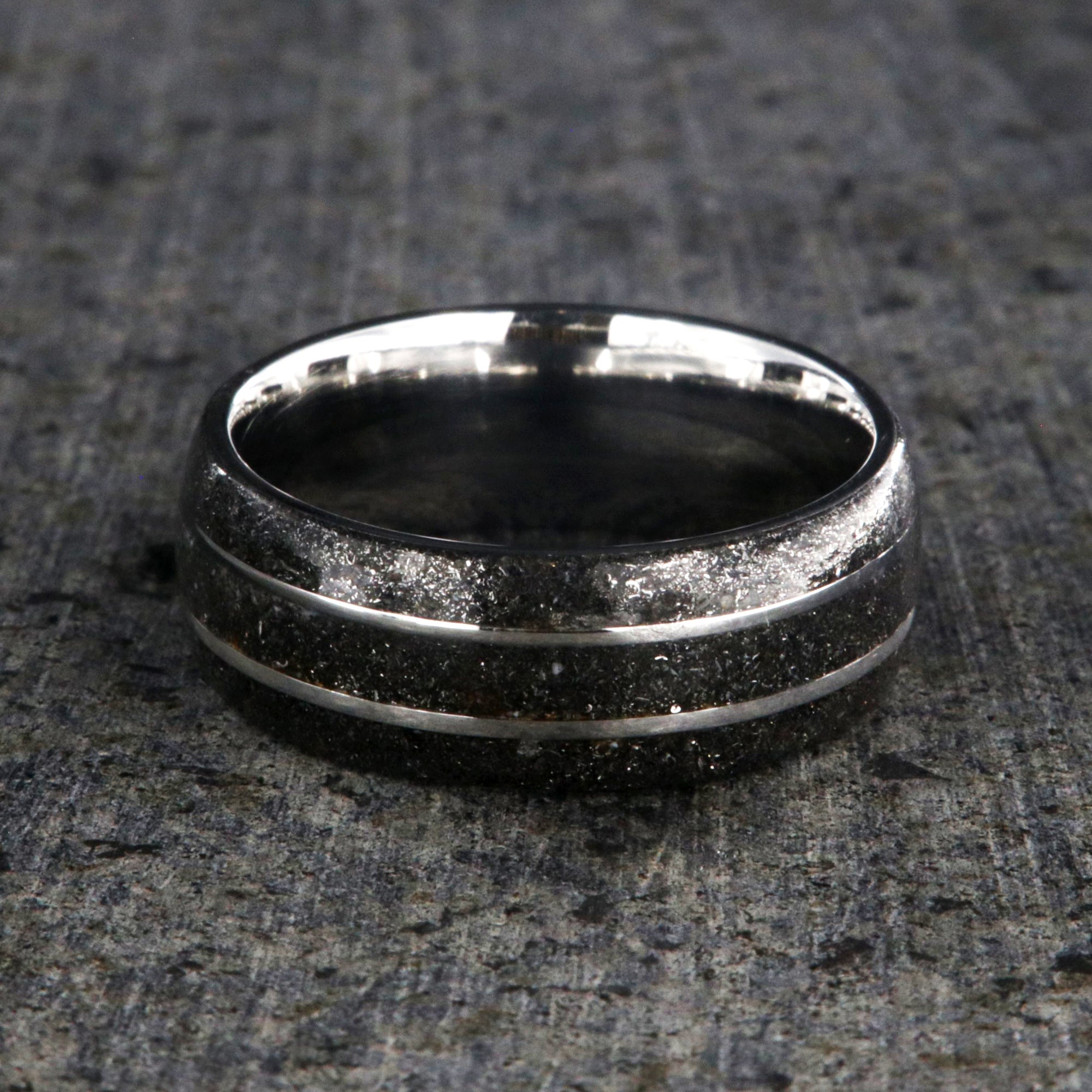 8mm wide stardust ring with two titanium inlayed lines and sleeve