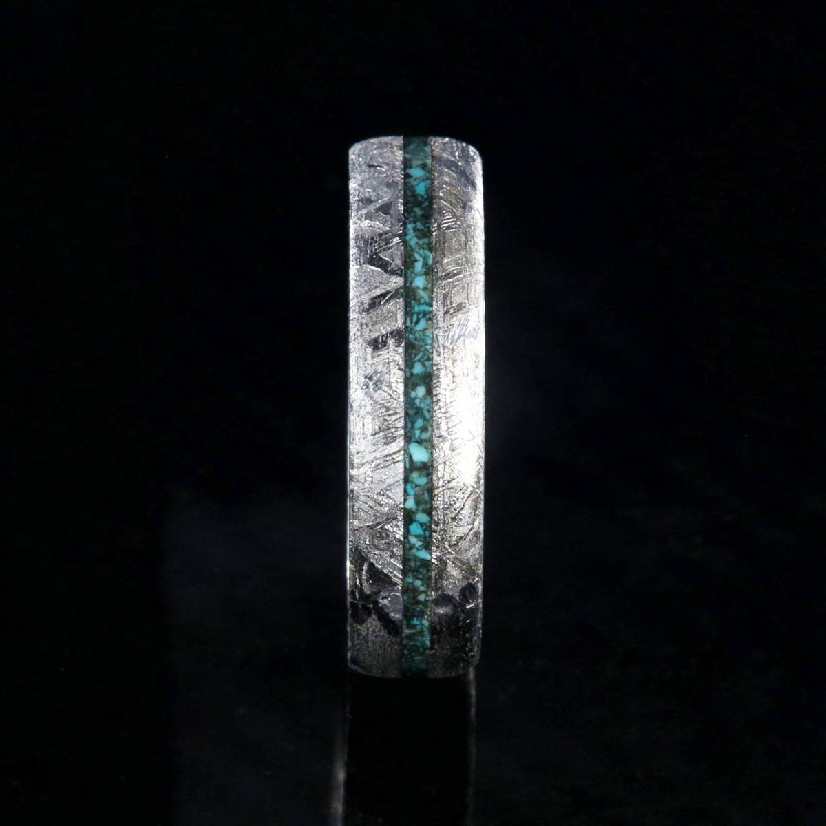 6mm wide meteorite ring with thin center turquoise inlay