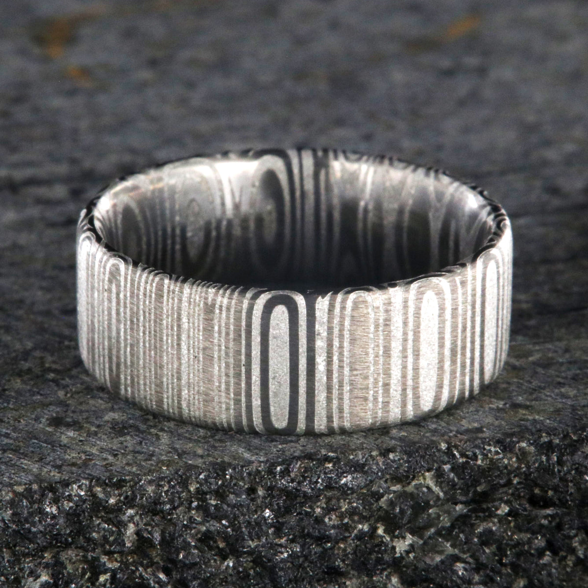 8mm wide Damascus steel wedding band with flat profile