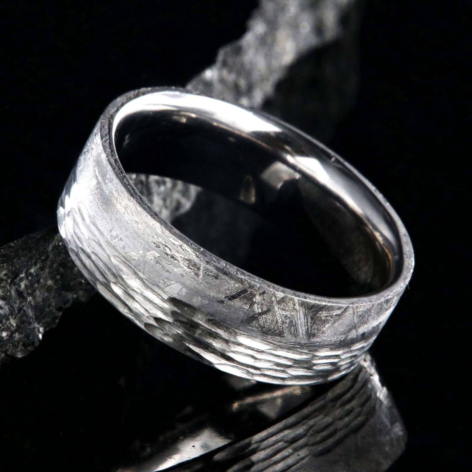 8mm wide men's wedding band with half Gibeon meteorite and half tree bark finished cobalt