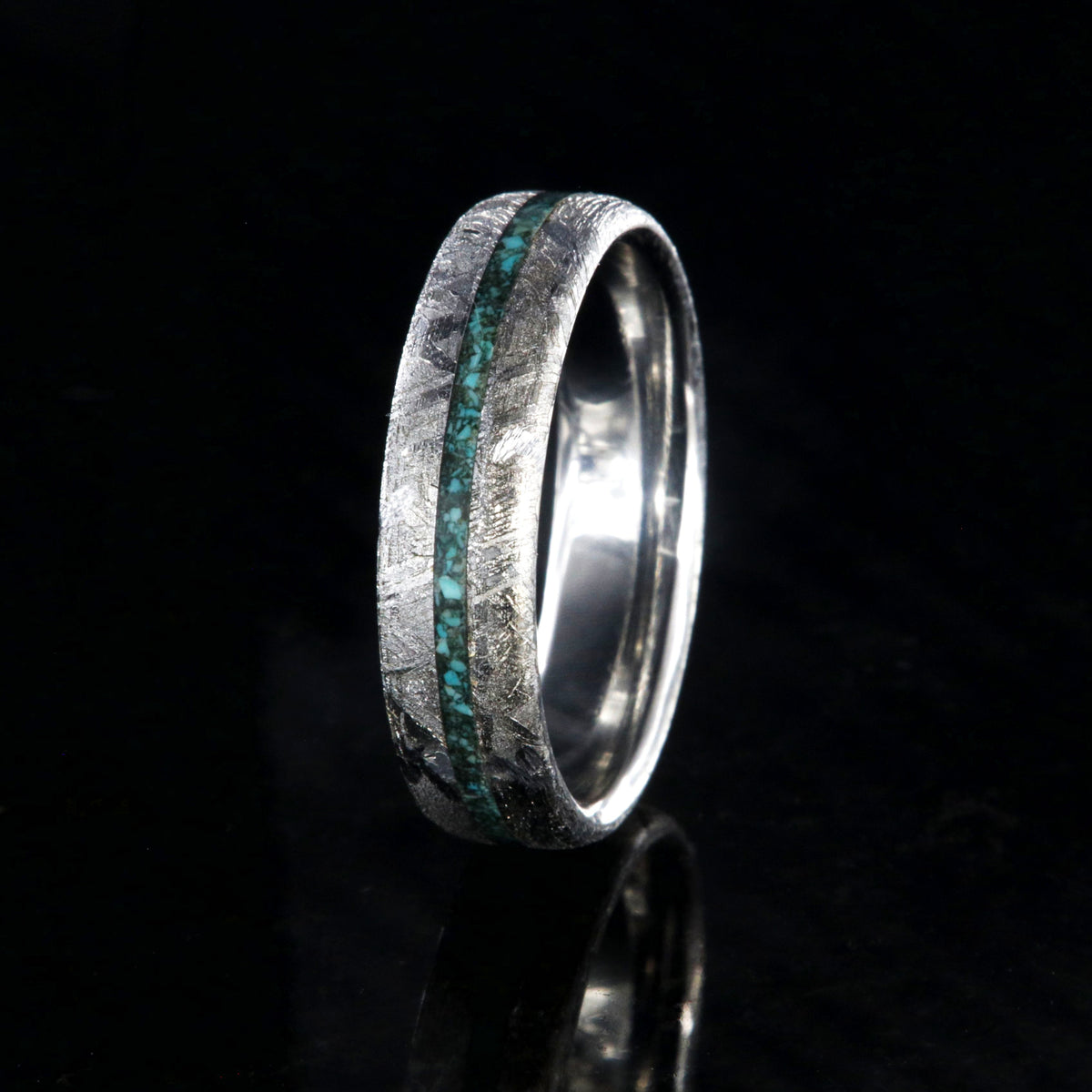 6mm wide meteorite ring with thin center turquoise inlay