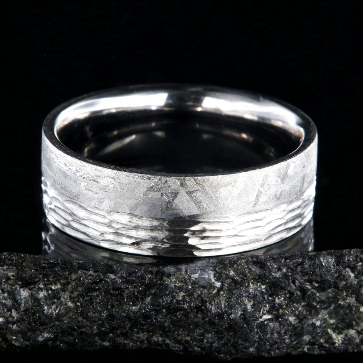 8mm wide men&#39;s wedding band with half Gibeon meteorite and half tree bark finished cobalt