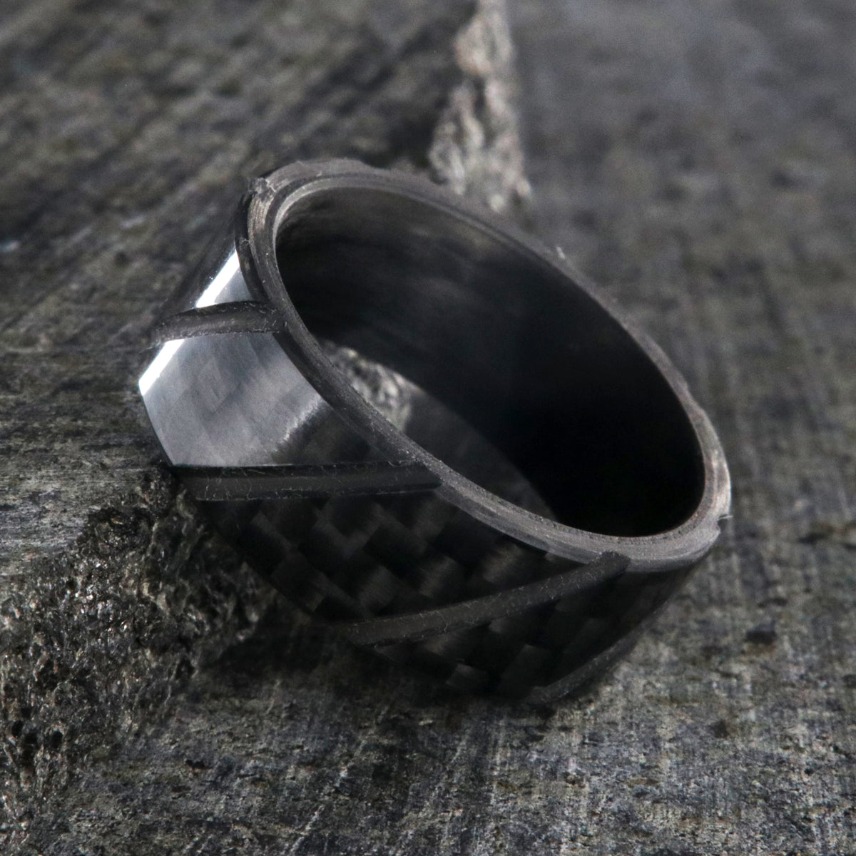 8mm wide black carbon fiber ring with diagonal grooves and a flat profile