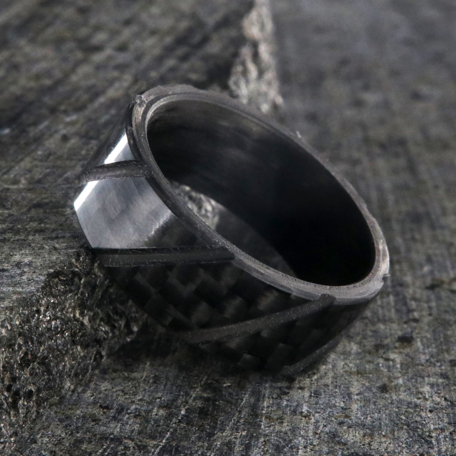8mm wide black carbon fiber ring with diagonal grooves and a flat profile