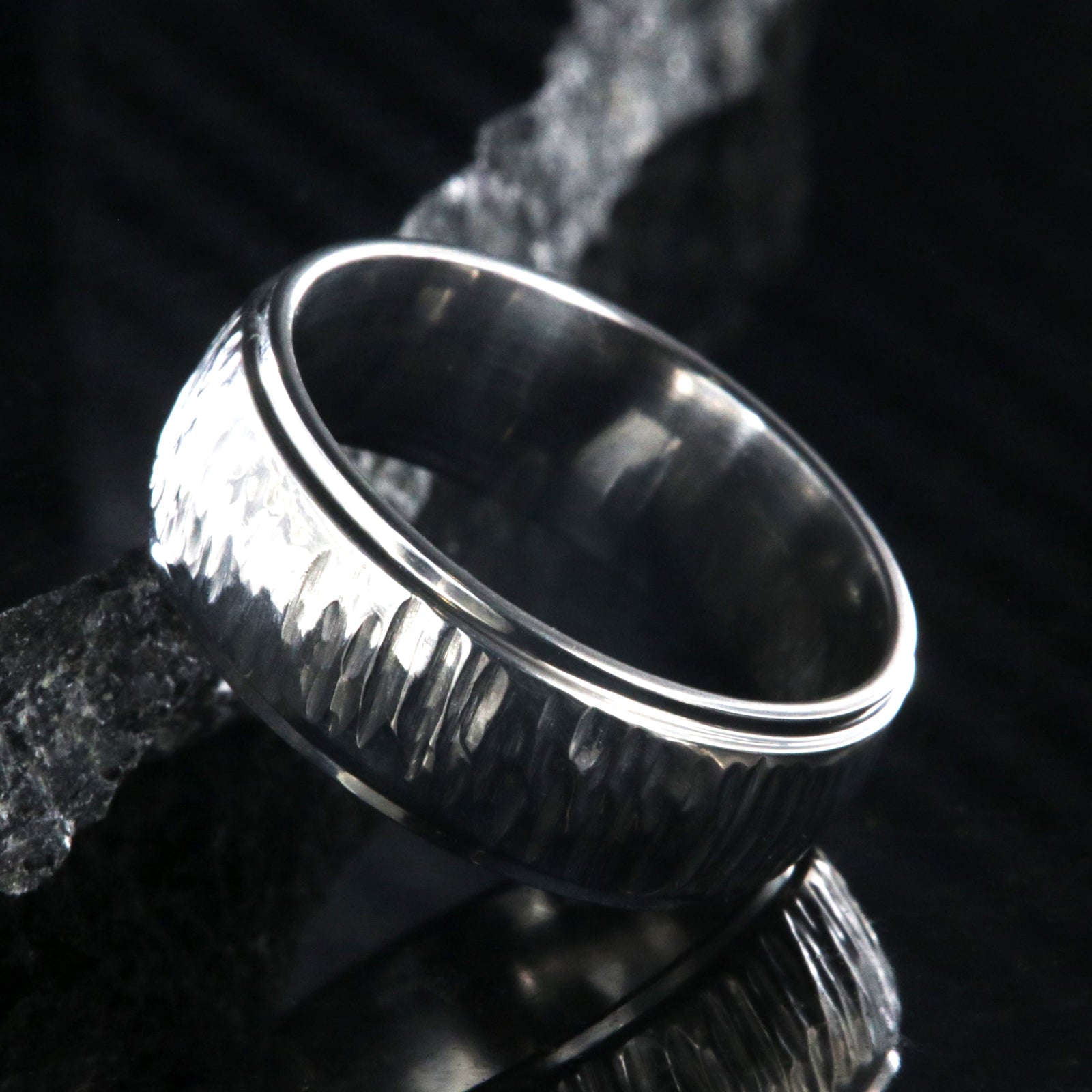 8mm wide titanium wedding band with a tree bark raised center